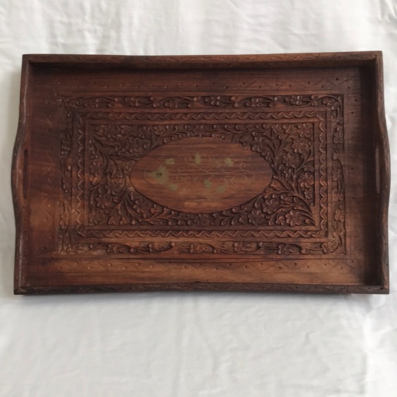 Vintage Wood Carved Decorative Tray Gold Leaves/ handles/archana handicrafts-EUC
